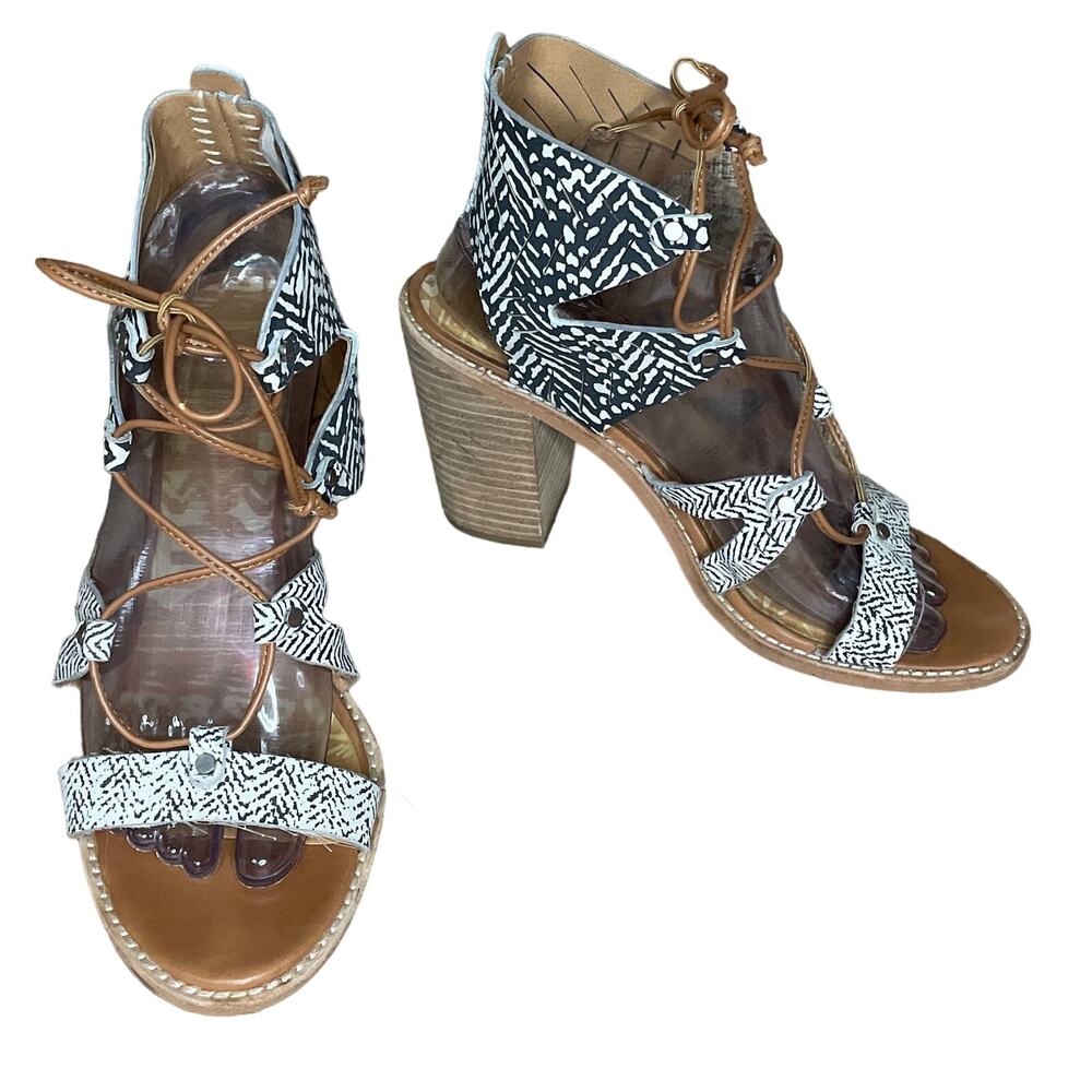 Dolce Vita Luci Ghillie Sandals Leather Lace Up Block Heel Black White Size 8.5